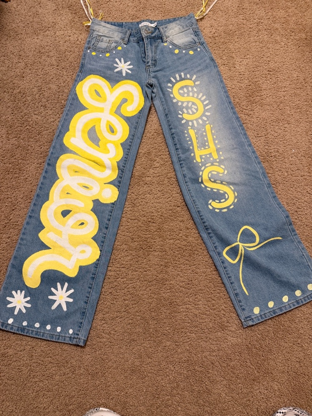 Women's Blue Straight-Leg Jeans with Yellow Painted Graphic